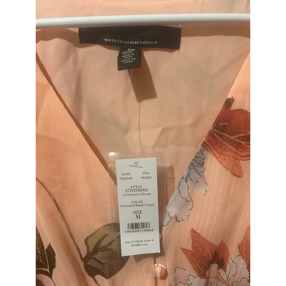 White House Black Market Romantic Blouse Orange Floral Smocked Top M 570359960 - Picture 3 of 7